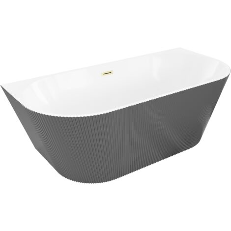 Mexen Oris freistehende Wandbadewanne geriffelt 150 x 75 cm, weiß/grau, Überlauf gold gebürstet - 52871507562-55