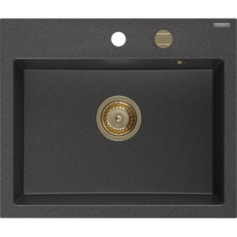 Mexen Oscar fregadero de granito de 1 compartimento 580 x 490 mm, negro moteado, sif贸n dorado - 6519581000-76-G