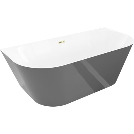 Mexen Oval Slim ba帽era independiente adosada 170 x 80 cm, blanca/gris, rebosadero dorado cepillado - 52661708062-55