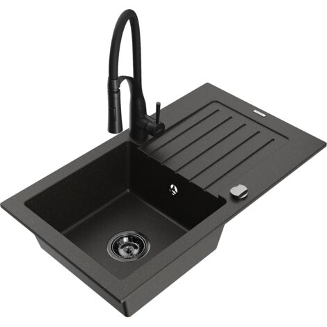 Mexen Pablo 1 Becken-Granitspüle mit Abtropffläche und Mischbatterie Aster, Schwarz/Gold metallisch - 6510-75-73450-70-B
