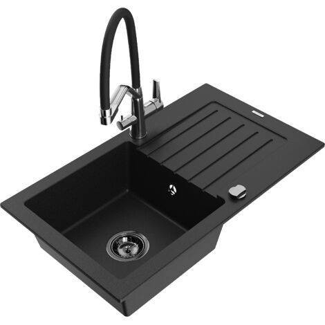 Mexen Pablo 1 Becken-Granitspüle mit Abtropffläche und Mischbatterie Duo, Schwarz - 6510-77-671701-0