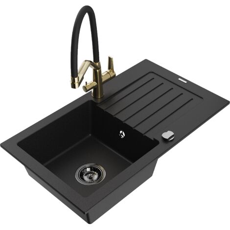Mexen Pablo 1 Becken-Granitspüle mit Abtropffläche und Mischbatterie Duo, Schwarz - 6510-77-671701-5