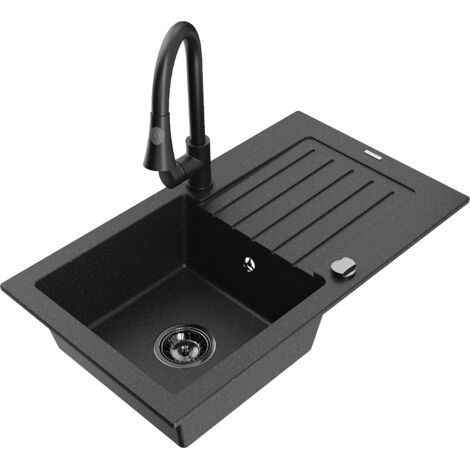 Mexen Pablo 1 Becken-Granitspüle mit Abtropffläche und Mischbatterie Elia, Schwarz/Silbermetallic -
