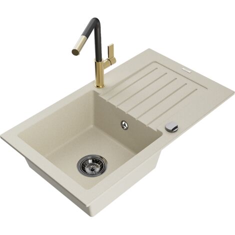 Mexen Pablo 1 Becken-Granitspüle mit Abtropffläche und Mischbatterie Flora, Beige - 6510-69-670401-5