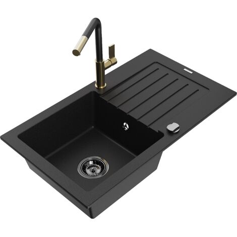 Mexen Pablo 1 Becken-Granitspüle mit Abtropffläche und Mischbatterie Flora, Schwarz - 6510-77-670401