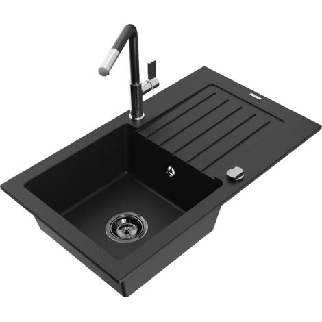 Mexen Pablo 1 Becken-Granitspüle mit Abtropffläche und Mischbatterie Flora, Schwarz - 6510-77-670401
