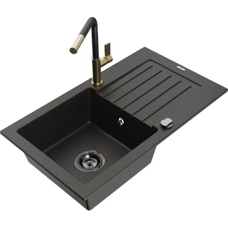 Mexen Pablo 1 Becken-Granitspüle mit Abtropffläche und Mischbatterie Flora, Schwarz/Gold metallisch