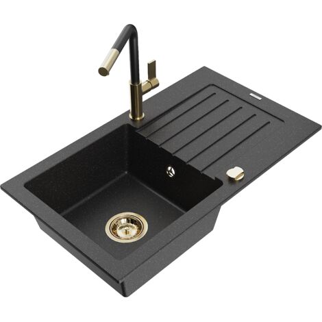 Mexen Pablo 1 Becken-Granitspüle mit Abtropffläche und Mischbatterie Flora, Schwarz/Silbermetallic -