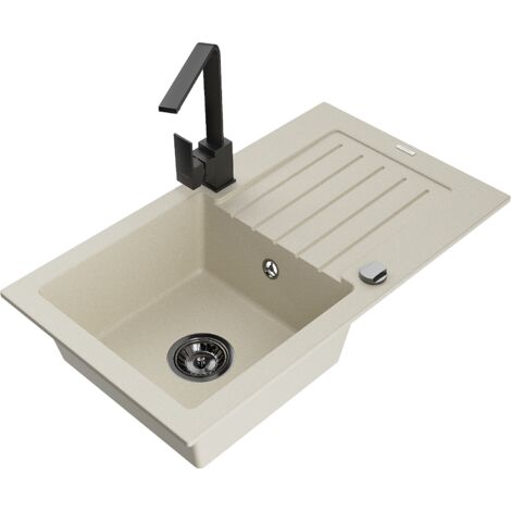 Mexen Pablo 1 Becken-Granitspüle mit Abtropffläche und Mischbatterie Rita, Beige - 6510-69-670300-70
