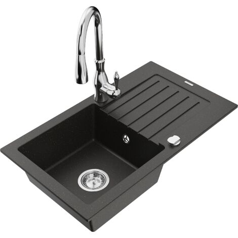 Mexen Pablo 1 Becken-Granitspüle mit Abtropffläche und Mischbatterie Savita, Schwarz/Gold metallisch