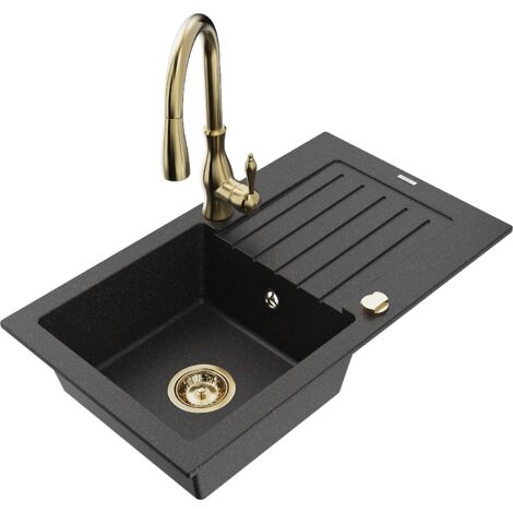 Mexen Pablo 1 Becken-Granitspüle mit Abtropffläche und Mischbatterie Savita, Schwarz/Silbermetallic