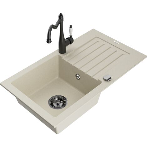 Mexen Pablo fregadero de granito 1-cubeta con escurridor y grifo de cocina Carla, beige - 6510-69-670700-70