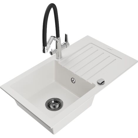 Mexen Pablo fregadero de granito 1-cubeta con escurridor y grifo de cocina Duo, blanco - 6510-20-671701-07-B