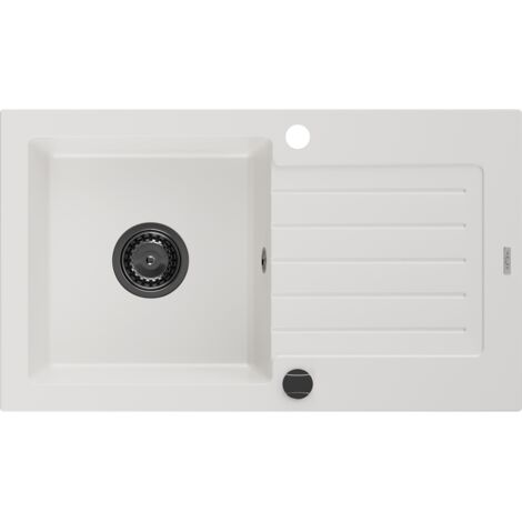 Mexen Pablo fregadero de granito de 1 cubeta con escurridor 752 x 436 mm, blanco, sif贸n negro - 6510751010-20-B