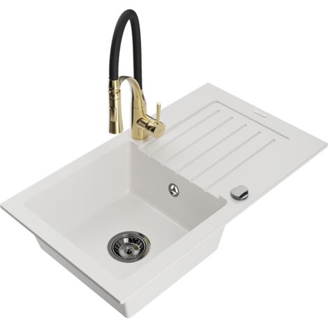 Mexen Pablo fregadero de granito de 1 cubeta con escurridor y grifo de cocina Aster, blanco - 6510-20-73450-57-B