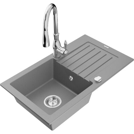 Mexen Pablo fregadero de granito de 1 cubeta con escurridor y grifo de cocina Savita, gris - 6510-71-672601-00