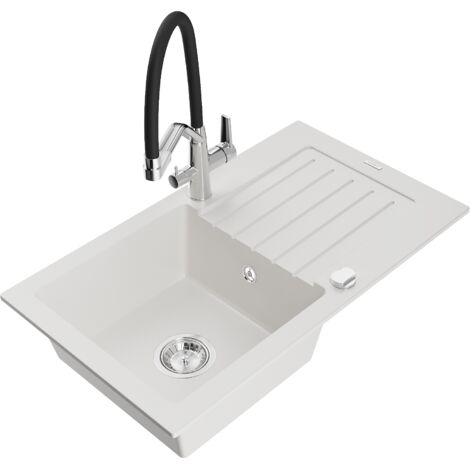 Mexen Pablo fregadero de granito de 1 seno con escurridor y grifo de cocina Duo, blanco - 6510-20-671701-07