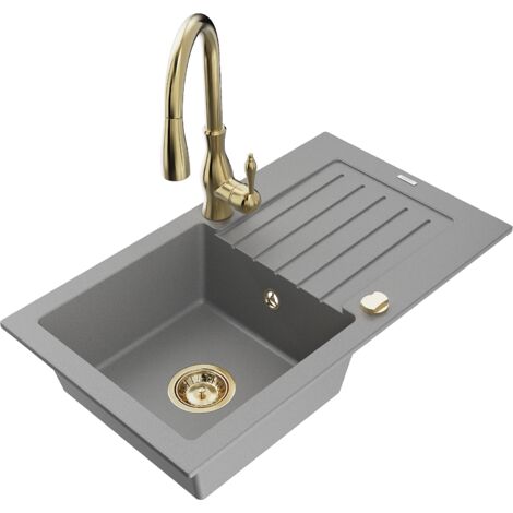 Mexen Pablo fregadero de granito de 1 taz贸n con escurridor y grifo de cocina Savita, gris - 6510-71-672601-50