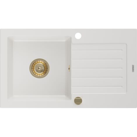 Mexen Pablo Granitspüle mit einem Becken und einer Abtropffläche 752 x 436 mm, Weiß, Siphon Gold - 6
