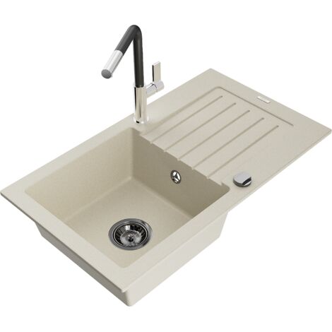Mexen Pablo lavello in granito 1-vasca con scolapiatti e rubinetto da cucina Flora, beige - 6510-69-670401-07-B
