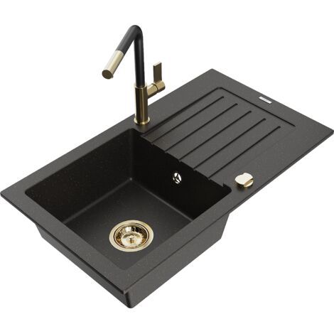 Mexen Pablo lavello in granito a 1 vasca con scolapiatti e miscelatore da cucina Flora, nero/oro metallizzato