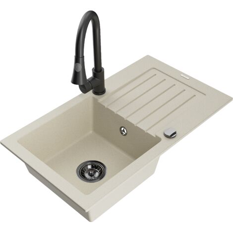 Mexen Pablo lavello in granito a 1 vasca con scolapiatti e rubinetto da cucina Elia, beige - 6510-69-670101-70