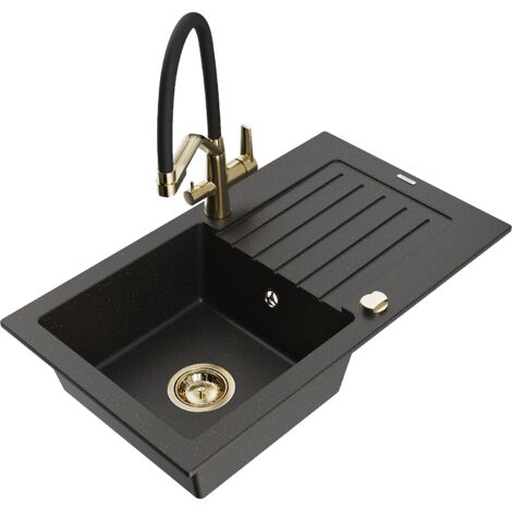 Mexen Pablo lavello in granito a 1 vasca con scolapiatti e rubinetto Duo, nero/oro metallizzato - 6510-75-671701-57-G
