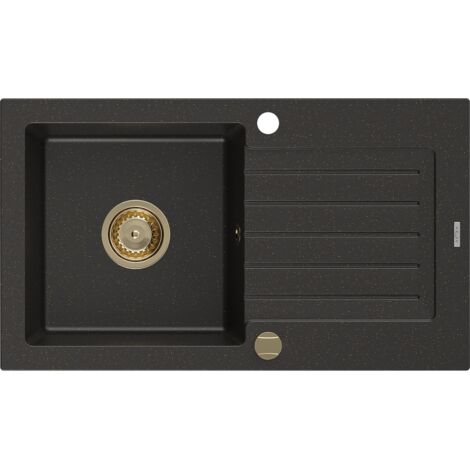 Mexen Pablo lavello in granito a 1 vasca con sgocciolatoio 752 x 436 mm, nero/oro metallizzato, sifone oro - 6510751010-75-G