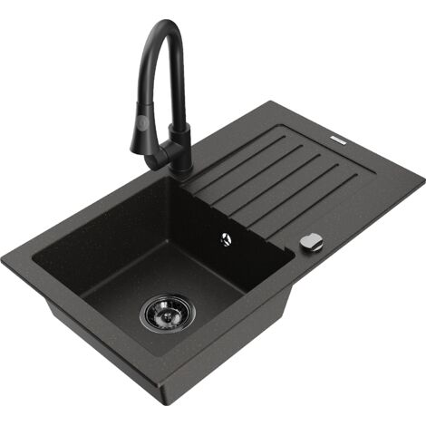 Mexen Pablo lavello in granito a 1 vasca con sgocciolatoio e rubinetto da cucina Elia, nero/oro metallizzato