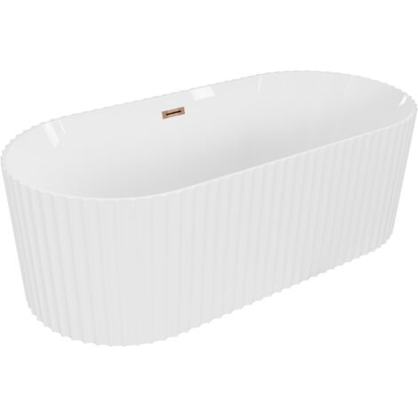 Mexen Paola freistehende, geriffelte Badewanne 150 x 75 cm, weiß glänzend, Überlauf Roségold - 52721507500-60
