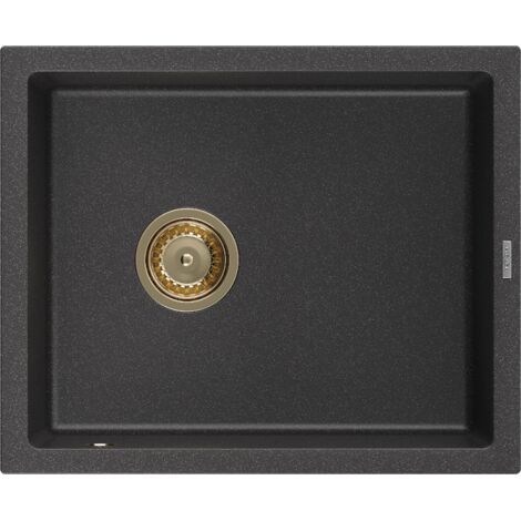 Mexen Pedro 1-Becken-Granit-Spüle 560 x 460 mm, Schwarz gesprenkelt, Siphon Gold - 6508561000-76-G