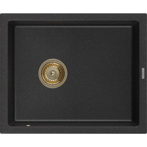 Mexen Pedro fregadero de granito de 1 c谩mara 560 x 460 mm, negro/plateado met谩lico, sif贸n dorado - 6508561000-73-G