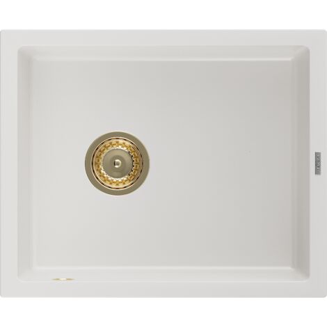 Mexen Pedro fregadero de granito de 1 cubeta 560 x 460 mm, blanco, sif贸n dorado - 6508561000-20-G