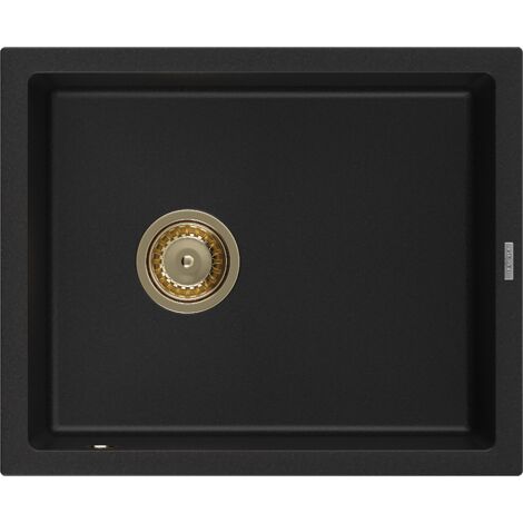 Mexen Pedro fregadero de granito de 1 cubeta 560 x 460 mm, negro, sif贸n dorado - 6508561000-77-G