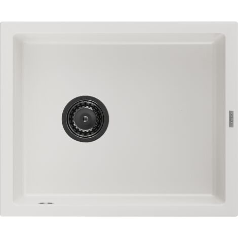Mexen Pedro lavello in granito a 1 vasca 560 x 460 mm, bianco, sifone nero - 6508561000-20-B