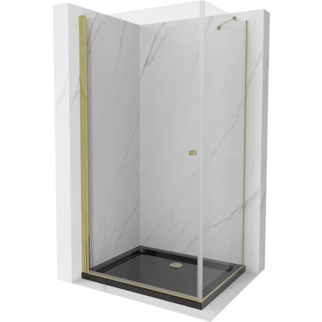 Mexen Pretoria kippbare Duschabtrennung 80 x 70 cm, transparent, gold + Duschwanne Flat, Schwarz - 852-080-070-50-00-4070G