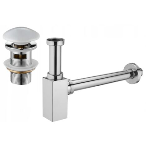 Mexen quadratischer Waschbecken-Halbsiphon mit Keramik-Klick-Klack, mit Überlauf, Chrom/Weiß - 79920