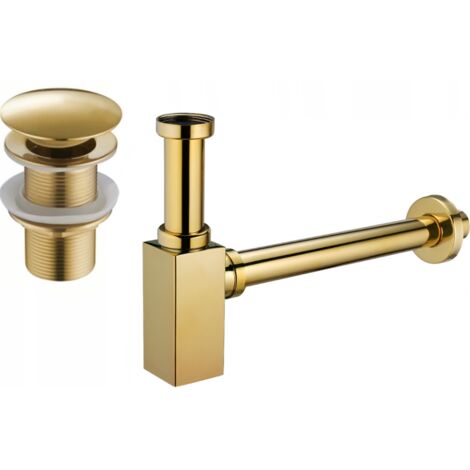 Mexen quadratischer Waschtischsiphon mit Klick-Klack-Stöpsel, ohne Überlauf, Gold - 7991060-50