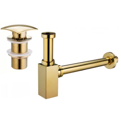 Mexen quadratischer Waschtischsiphon mit Klick-Klack-Stöpsel, ohne Überlauf, Gold - 7991660-50
