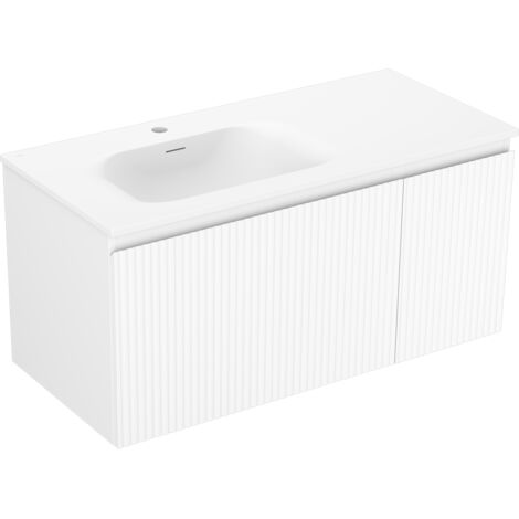 Mexen Rivel armario de ba帽o de 100 cm con lavabo Vela izquierdo, 1S, 1D, acanalado, blanco mate - 91A23-10047-3-BBFF01-W23L01