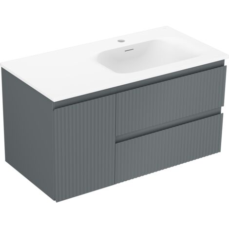 Mexen Rivel armoire de salle de bain 90 cm avec lavabo Vela à droite, 2 tiroirs, 1 porte, rainuré, graphite/blanc mat - 91A23-0