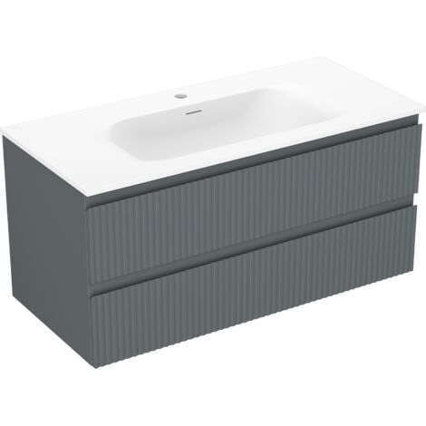 Mexen Rivel Badezimmerschrank 100 cm mit Waschbecken Vela, 2 Schubladen, geriffelt, Graphit matt/Weiß matt - 91A20-10047-2-BFF6