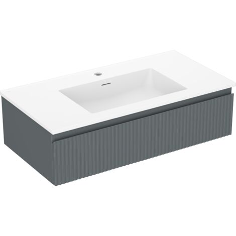 Mexen Rivel Badezimmerschrank 90 cm mit Waschbecken Otis, 1 Schublade, geriffelt, Graphit matt/Weiß matt - 91A20-09023-1-BF66-W