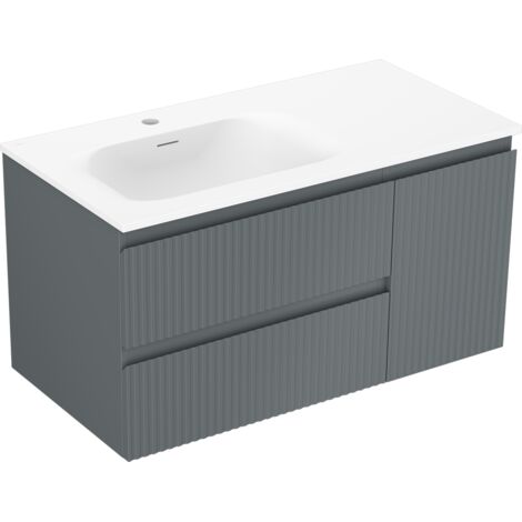 Mexen Rivel Badezimmerschrank 90 cm mit Waschbecken Vela links, 2S, 1D, geriffelt, graphit matt/weiß matt - 91A23-09047-3-BBFFF6