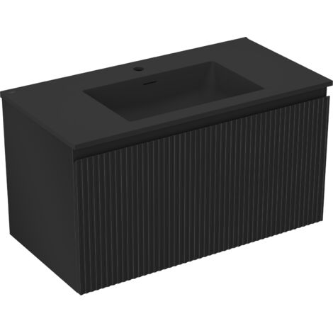 Mexen Rivel meuble de salle de bain 90 cm avec lavabo Otis, 1 tiroir, rainuré, noir mat - 91A20-09047-1-BF71-W18M71