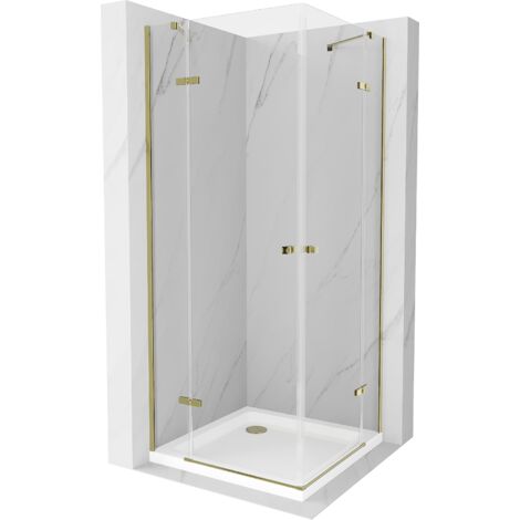 Mexen Roma Duo cabine de douche avec porte battante 90 x 90 cm, transparent, doré + receveur Flat - 854-090-090-50-02-4010G
