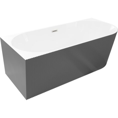 Mexen Silo freistehende Eckbadewanne links geriffelt 150 x 75 cm, weiß/grau, Überlauf gebürstetes Nickel - 52891507562L-97