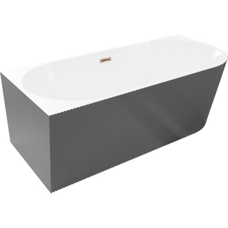 Mexen Silo vasca da bagno freestanding angolare sinistra rigata 170 x 80 cm, bianca/grigia, troppopieno oro rosa - 52891708062L