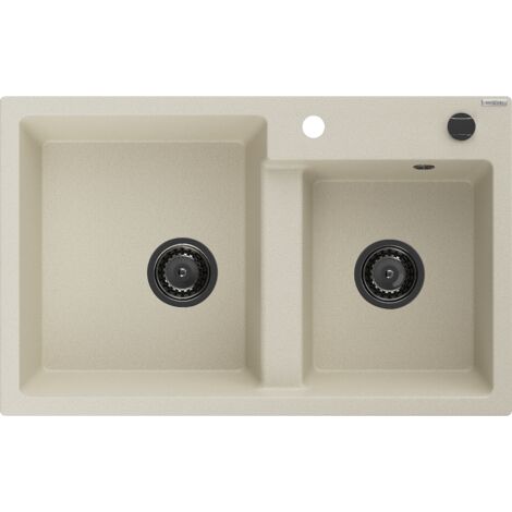 Mexen Tomas 2-Becken-Granit-Spülbecken 800 x 500 mm, Beige, Siphon Schwarz - 6516802000-69-B