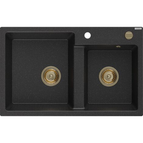 Mexen Tomas 2-Becken-Granit-Spülbecken 800 x 500 mm, Schwarz/Silbermetallic, Siphon Gold - 651680200